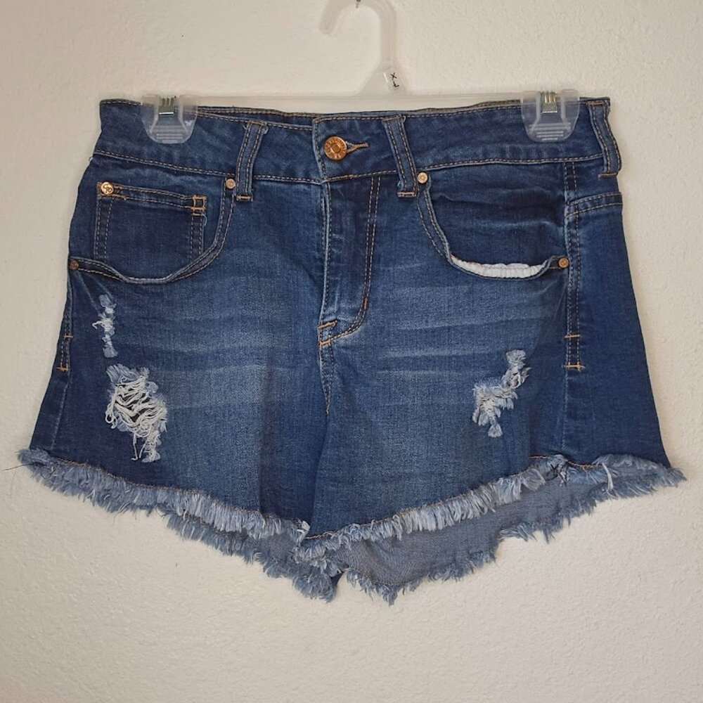 Celebrity Pink Denim Junior's Shorts Ripped Fringe Hem Size 5 Stretchy Blue